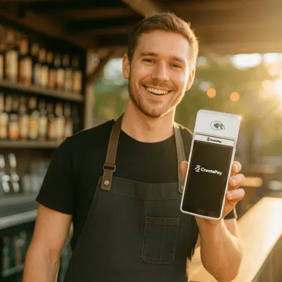 Bar owner holding a card machine