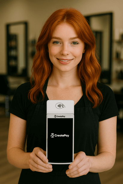 hairdresser holding a card reader