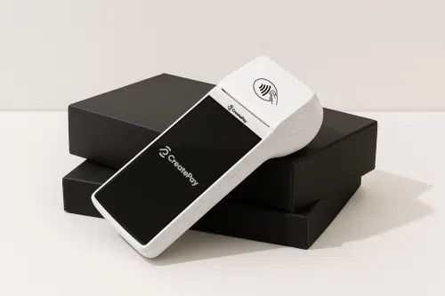 CreatePay device leaning on a black box