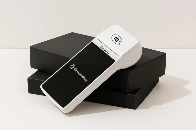 CreatePay device leaning on a black box