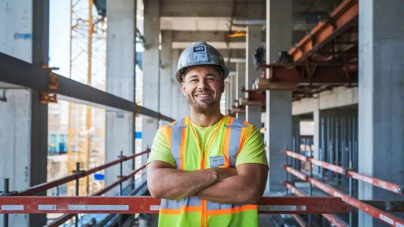 smiling consturction and trade worker smiling with card machine