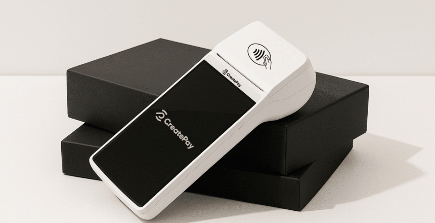 CreatePay device leaning on a black box